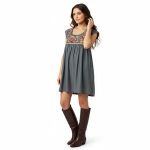 THML Embroidered Mini Shift Dress Women Large Bohemian Peasant Cap Sleeve